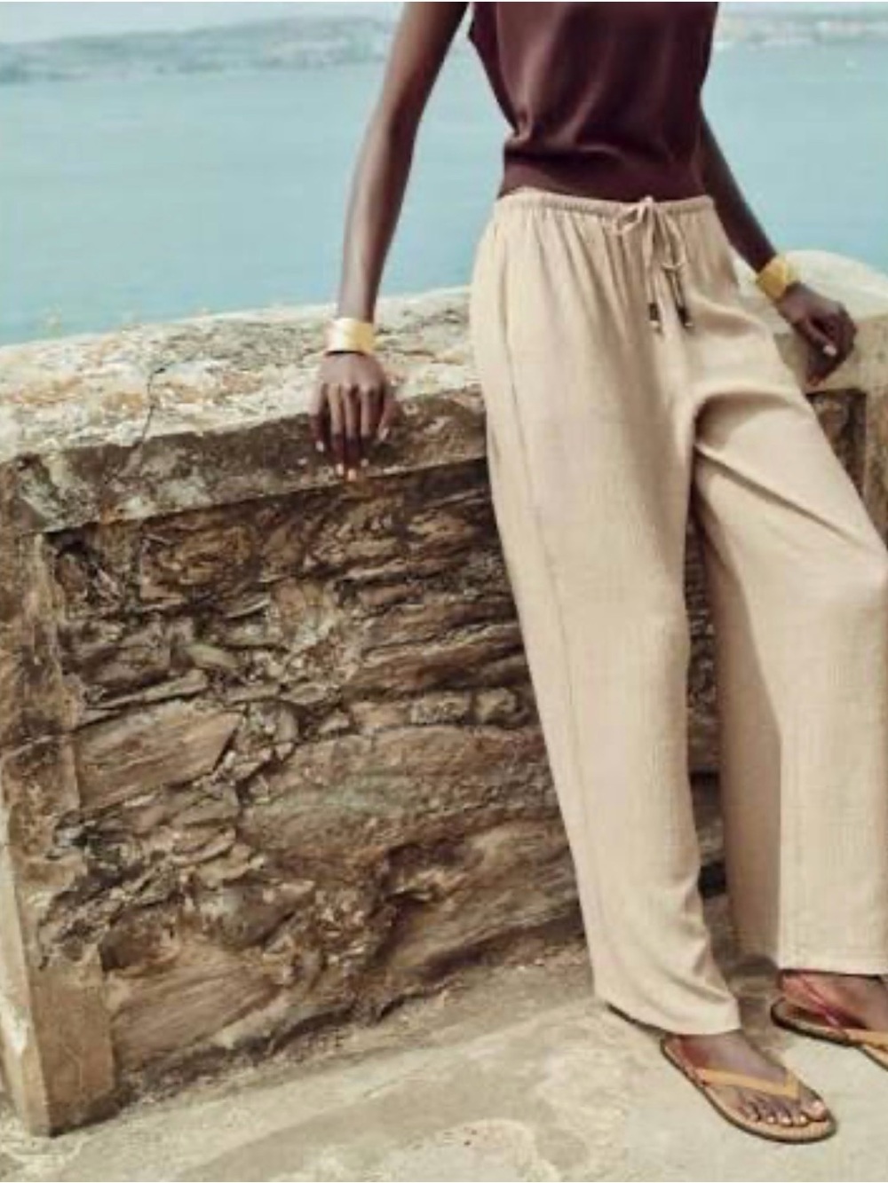 Zara Sand Long Length Wide Leg Pants NWT M